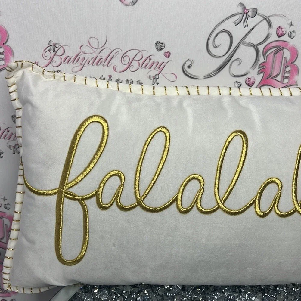 Falalala pillow Christmas decor white gold shimmer embroidered XMAS holidays